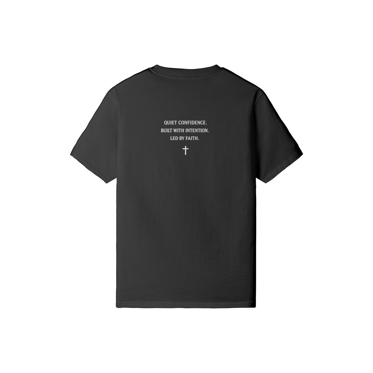 Omina Studio black 100% cotton crew neck t-shirt with 'Quiet Confidence, Built With Intention. Led By Faith.' text and a cross graphic.