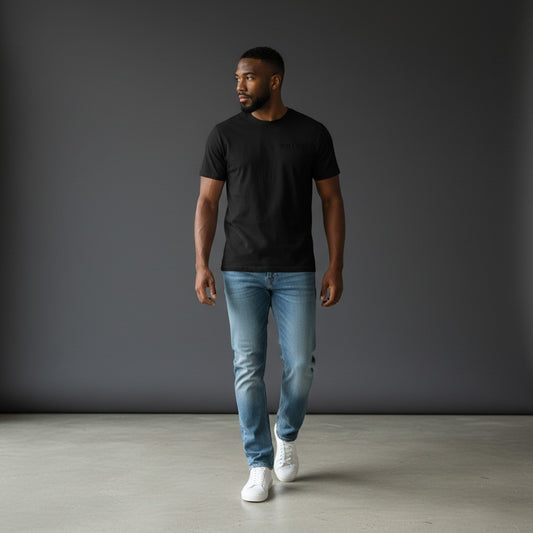 OMINA Studio black heavyweight cotton t-shirt with subtle chest graphic and relaxed fit.