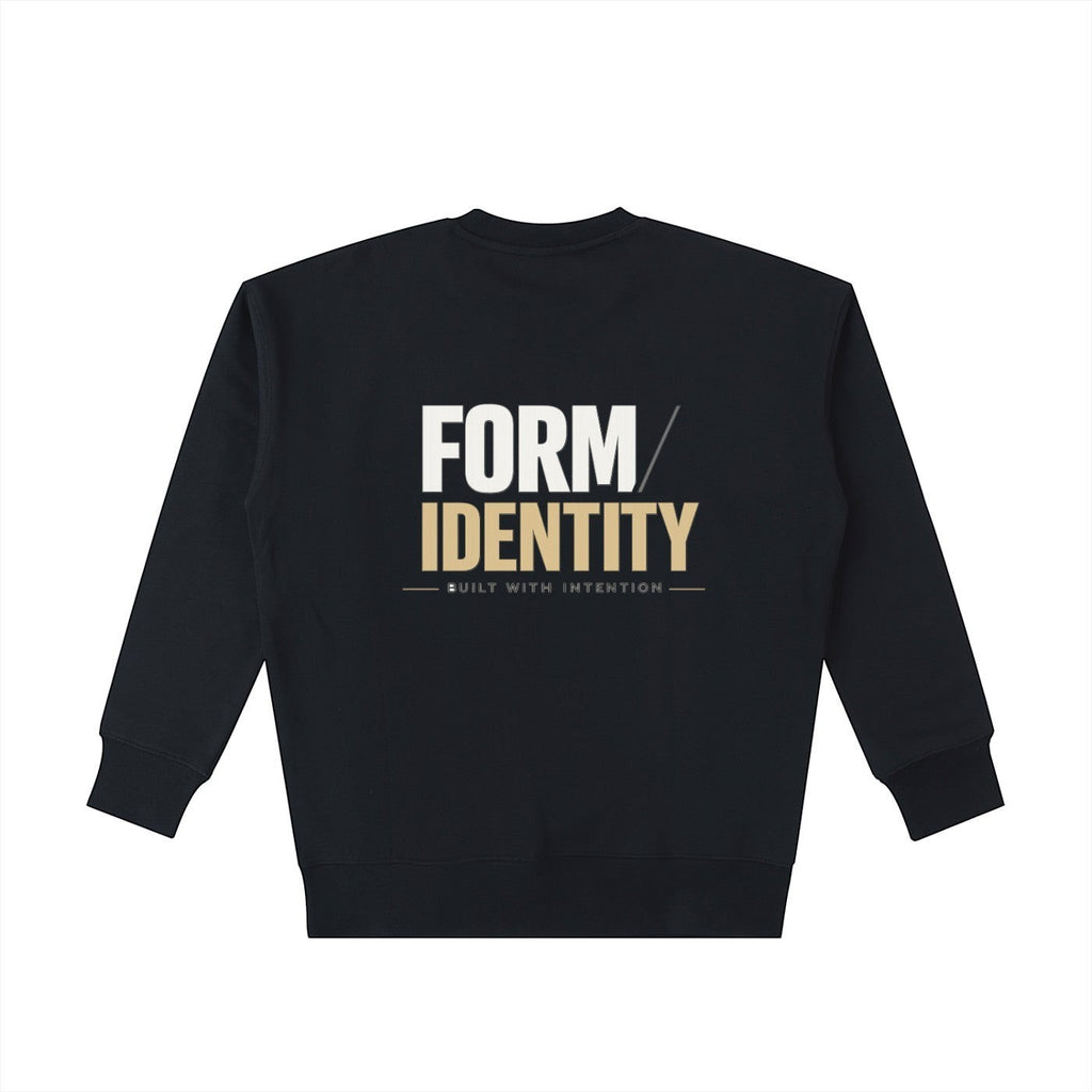 OMINA Studio black heavyweight cotton sweatshirt with "FORM / IDENTITY - BUILT WITH INTENTION" graphic on back.
