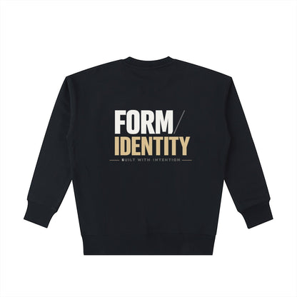 OMINA Studio black heavyweight cotton sweatshirt with "FORM / IDENTITY - BUILT WITH INTENTION" graphic on back.
