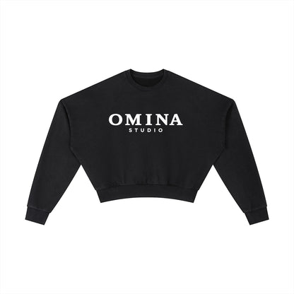 OMINA STUDIO black vintage washed cropped sweatshirt with oversized fit and drop shoulders.