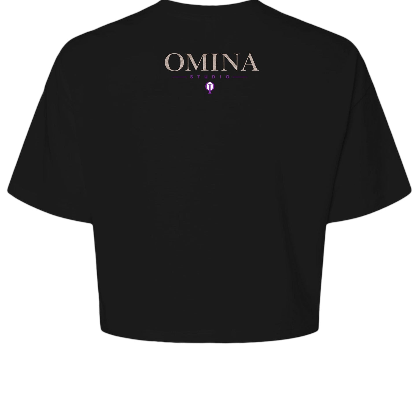 OMINA Studio black cropped heavyweight tee with "Move With Intention" typography and Medusa graphic on back.