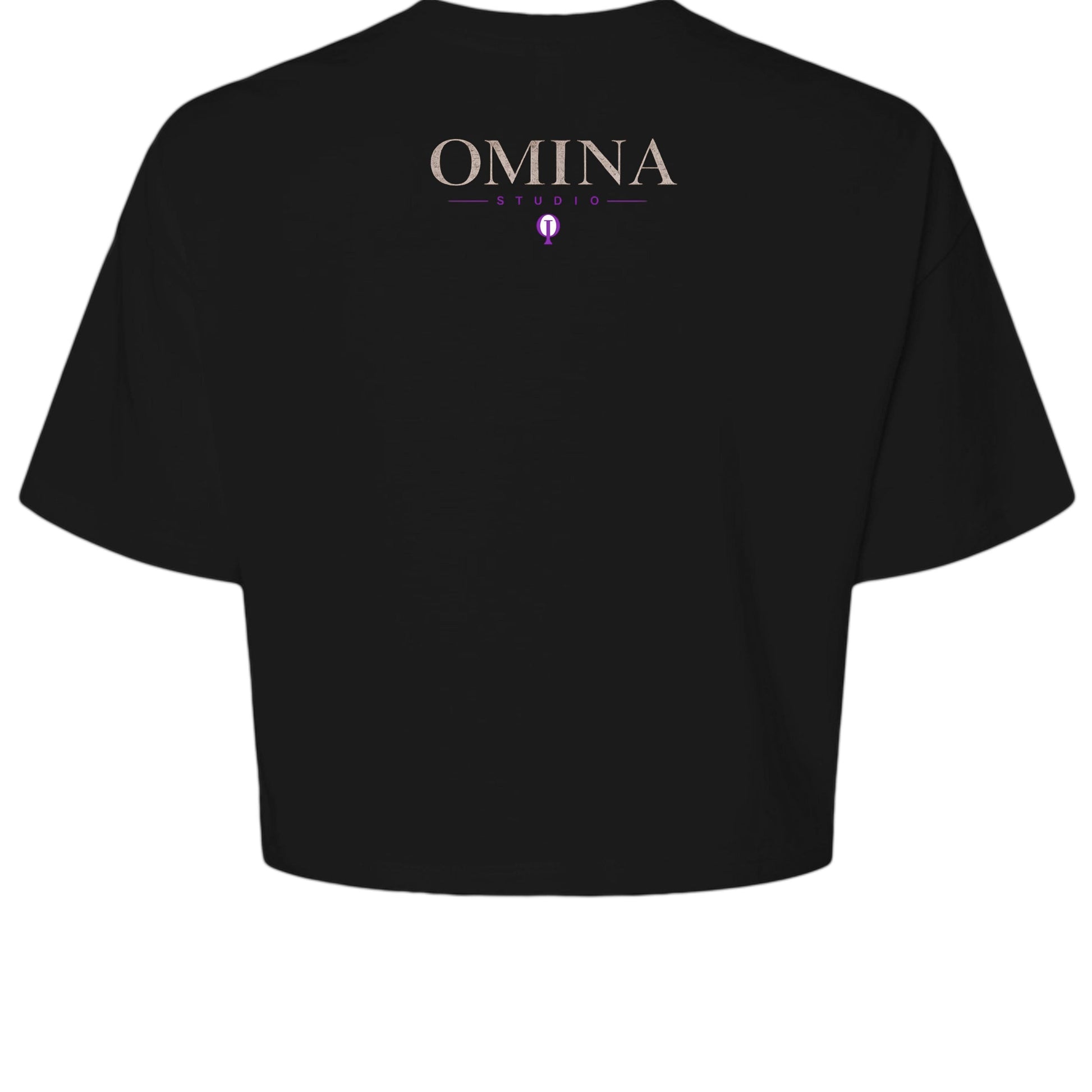 OMINA Studio black cropped heavyweight tee with "Move With Intention" typography and Medusa graphic on back.