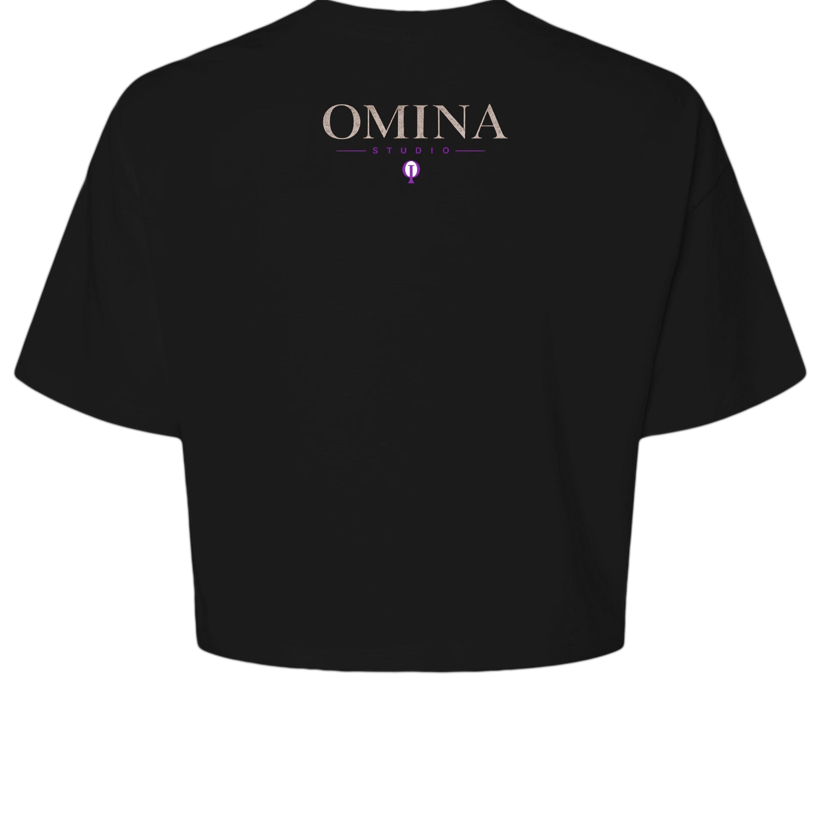 OMINA Studio black cropped heavyweight tee with "Move With Intention" typography and Medusa graphic on back.