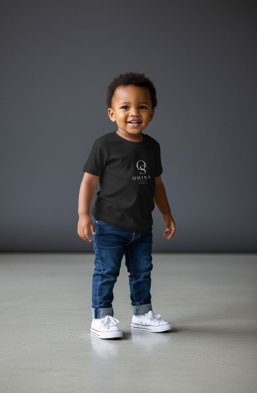 Omina Studio black infant t-shirt made of soft, lightweight cotton with a classic fit and minimalist logo.
