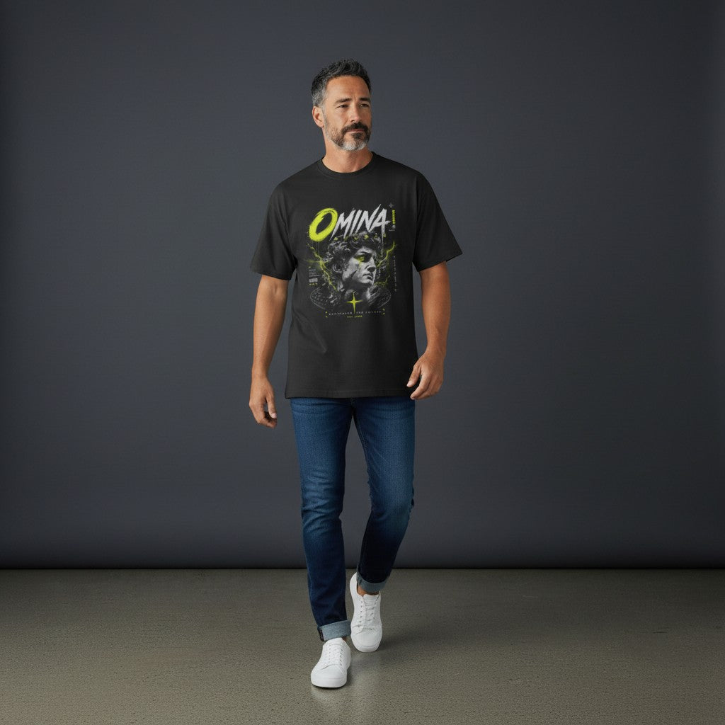 OMINA Studio black oversized t-shirt with graphic print of a statue head and neon yellow accents.