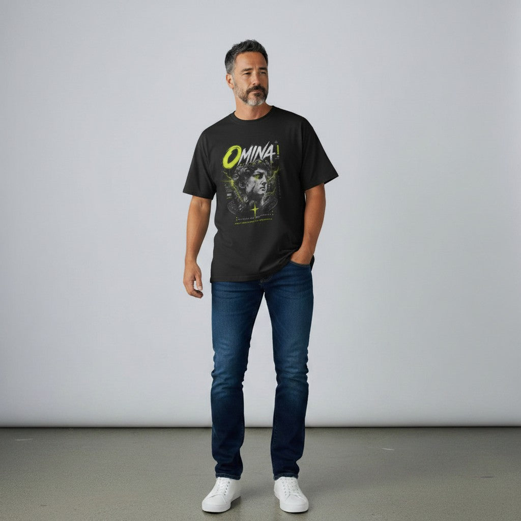OMINA Studio black oversized t-shirt with graphic print and neon accents. 100% combed cotton.