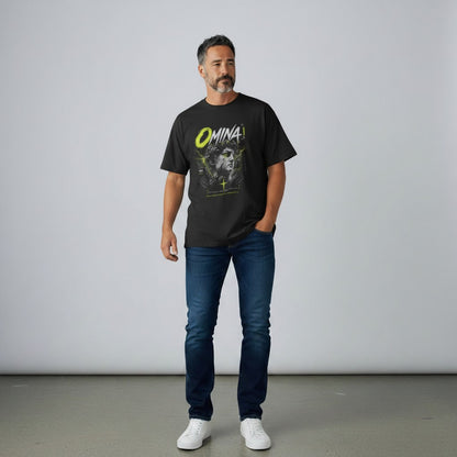 OMINA Studio black oversized t-shirt with graphic print and neon accents. 100% combed cotton.