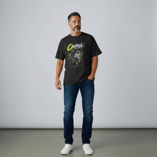 OMINA Studio black oversized t-shirt with graphic print and neon accents. 100% combed cotton.