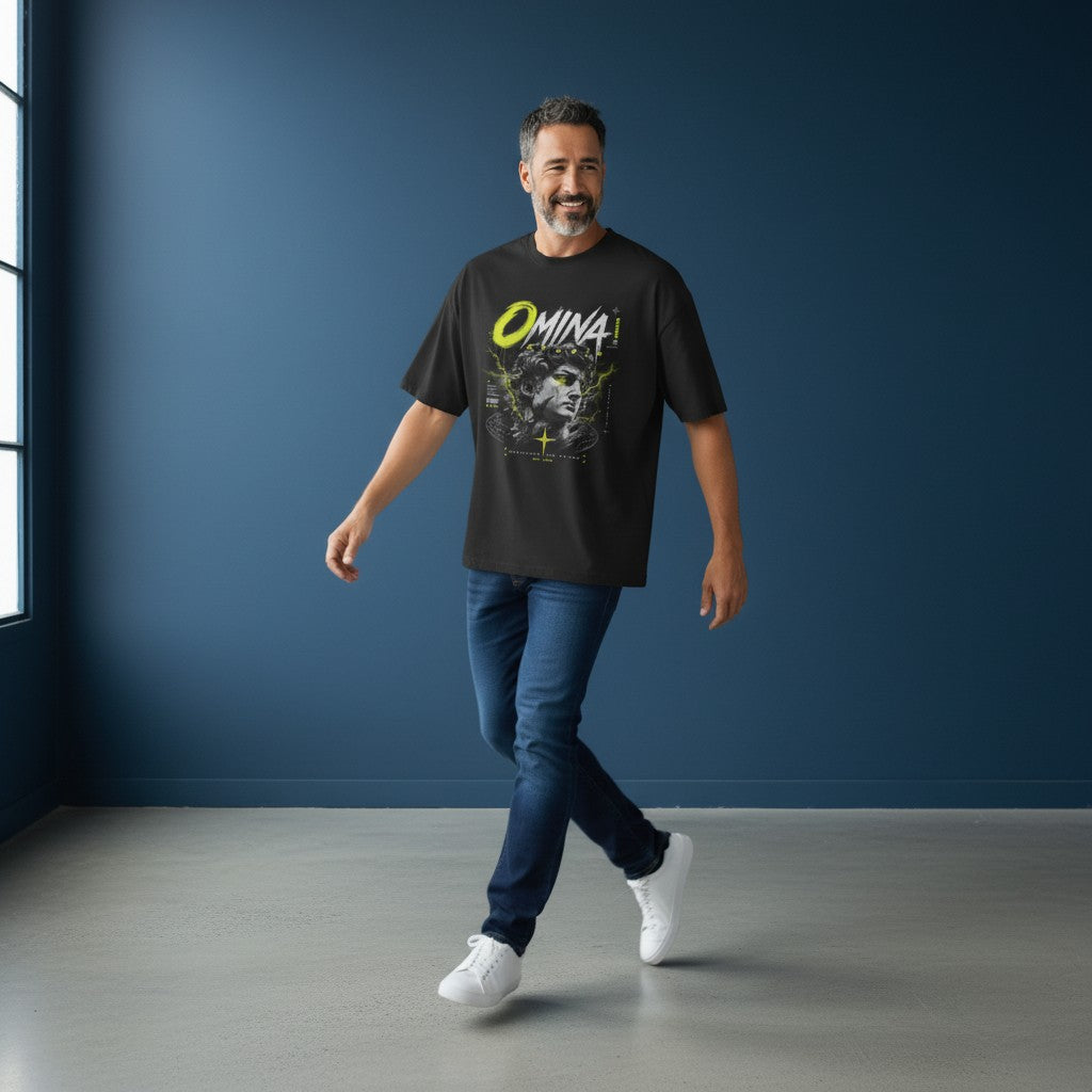 OMINA Studio black oversized t-shirt with graphic print of a statue head and neon yellow lightning bolts.