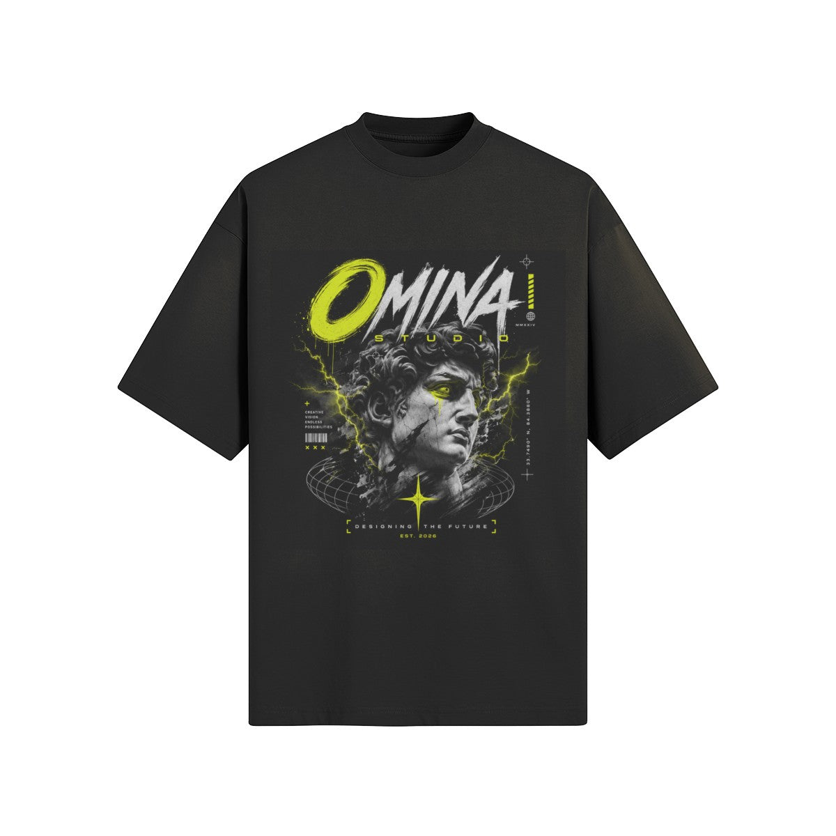 Omina Studio black oversized t-shirt with 'Designing the Future' graphic featuring a statue head and yellow lightning.