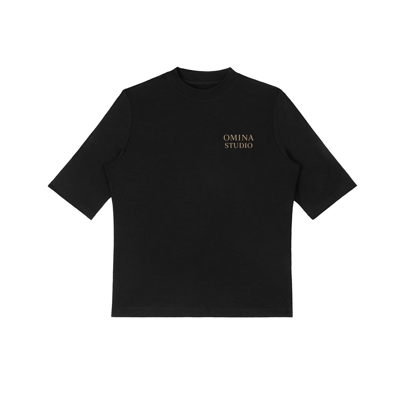 Omina Studio black viscose blend crop t-shirt with round neckline and subtle logo detail.