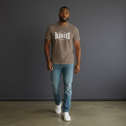 Omina Studio unisex taupe 100% cotton t-shirt with 'Blessed' graphic and halo detail. Short sleeve, crew neck, loose fit.