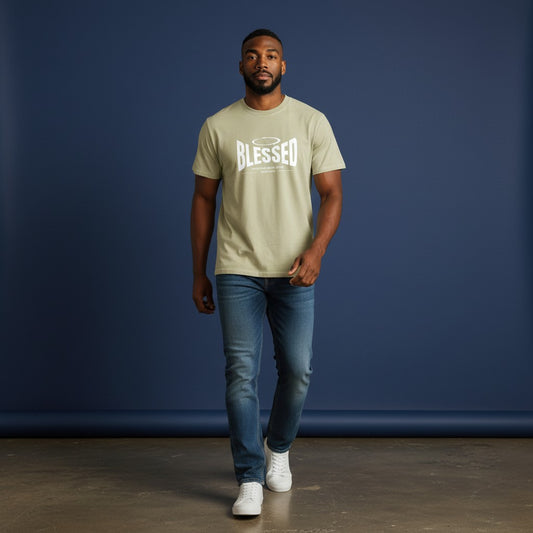 Omina Studio light green 100% cotton t-shirt with 'Blessed' graphic print and halo detail. Unisex, loose fit, short sleeves.