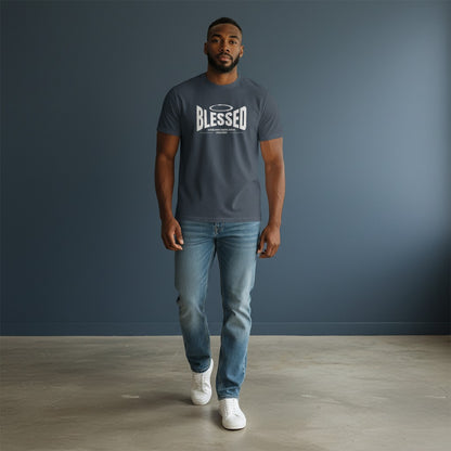 Omina Studio unisex dark grey 100% cotton t-shirt with 'Blessed' graphic print and halo detail.