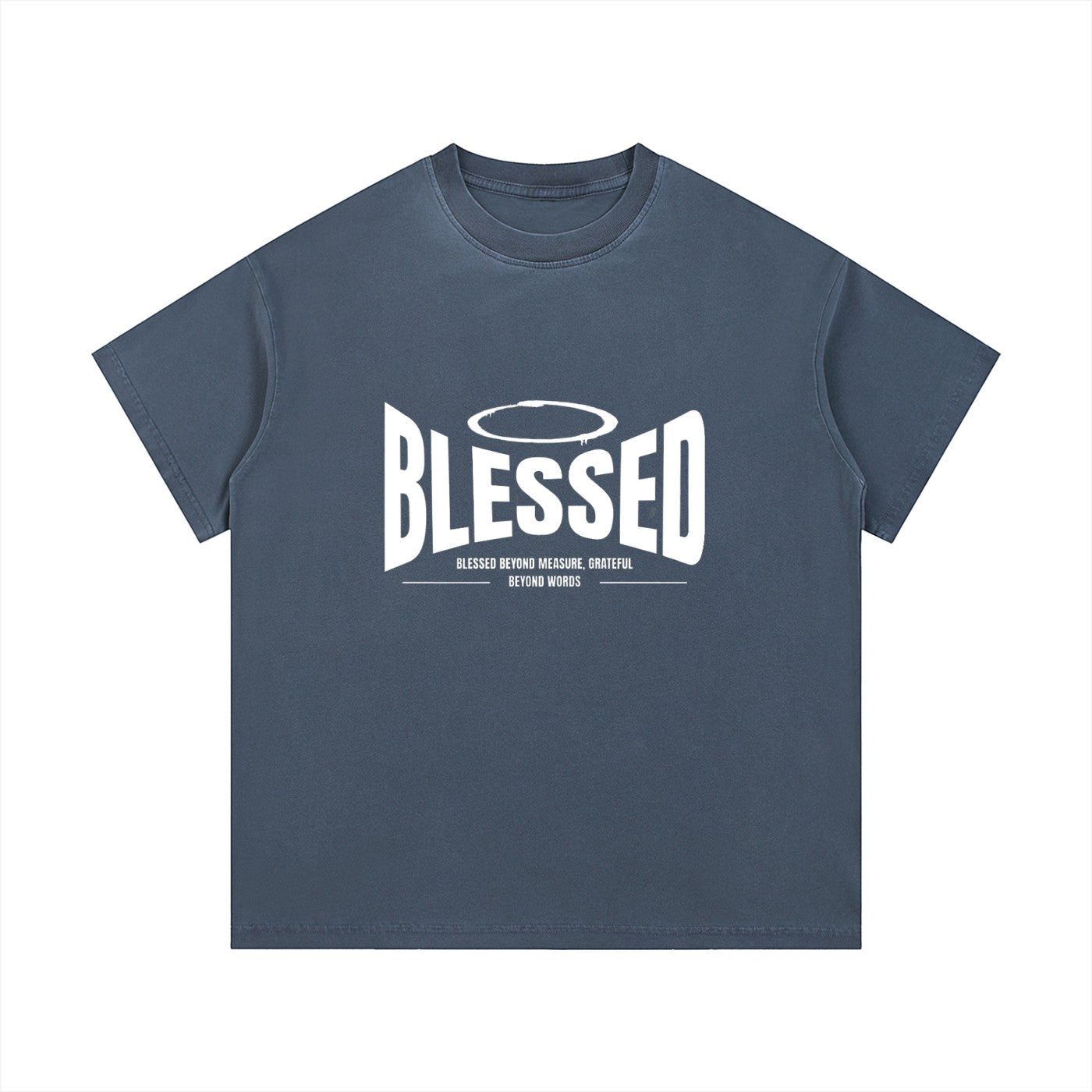 Omina Studio vintage wash cotton t-shirt with white "Blessed" graphic and halo detail.