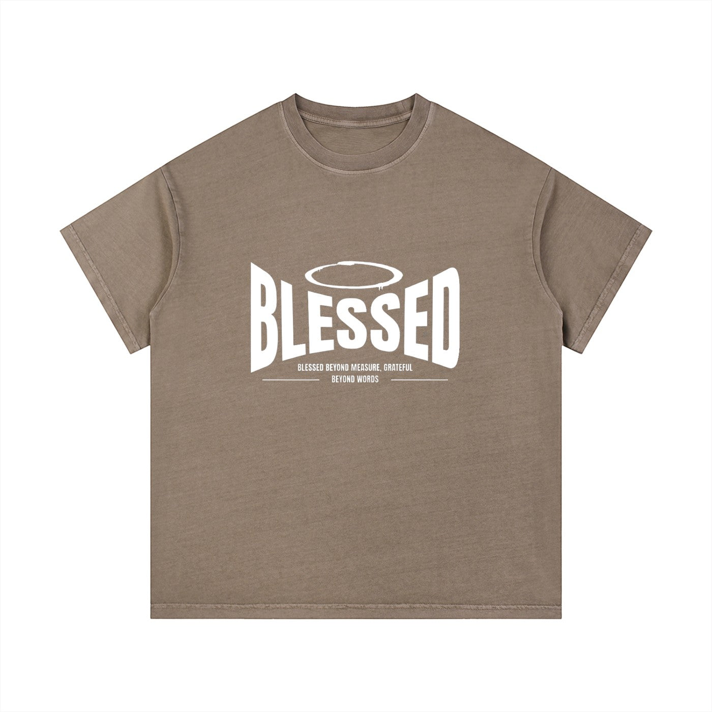 Omina Studio taupe vintage wash 100% cotton t-shirt with white "BLESSED" graphic and halo detail.