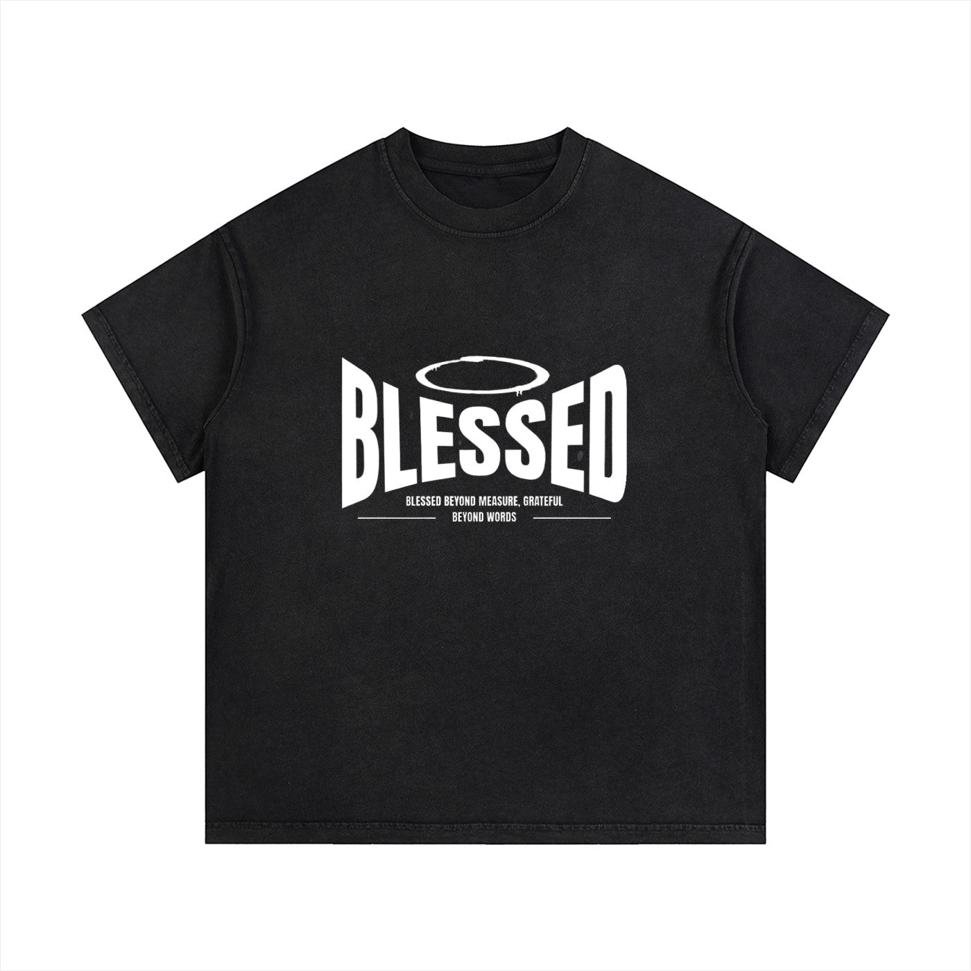 Omina Studio black vintage wash 100% cotton t-shirt with 'Blessed' graphic print and halo detail.