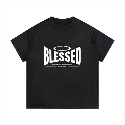 Omina Studio black vintage wash 100% cotton t-shirt with 'Blessed' graphic print and halo detail.