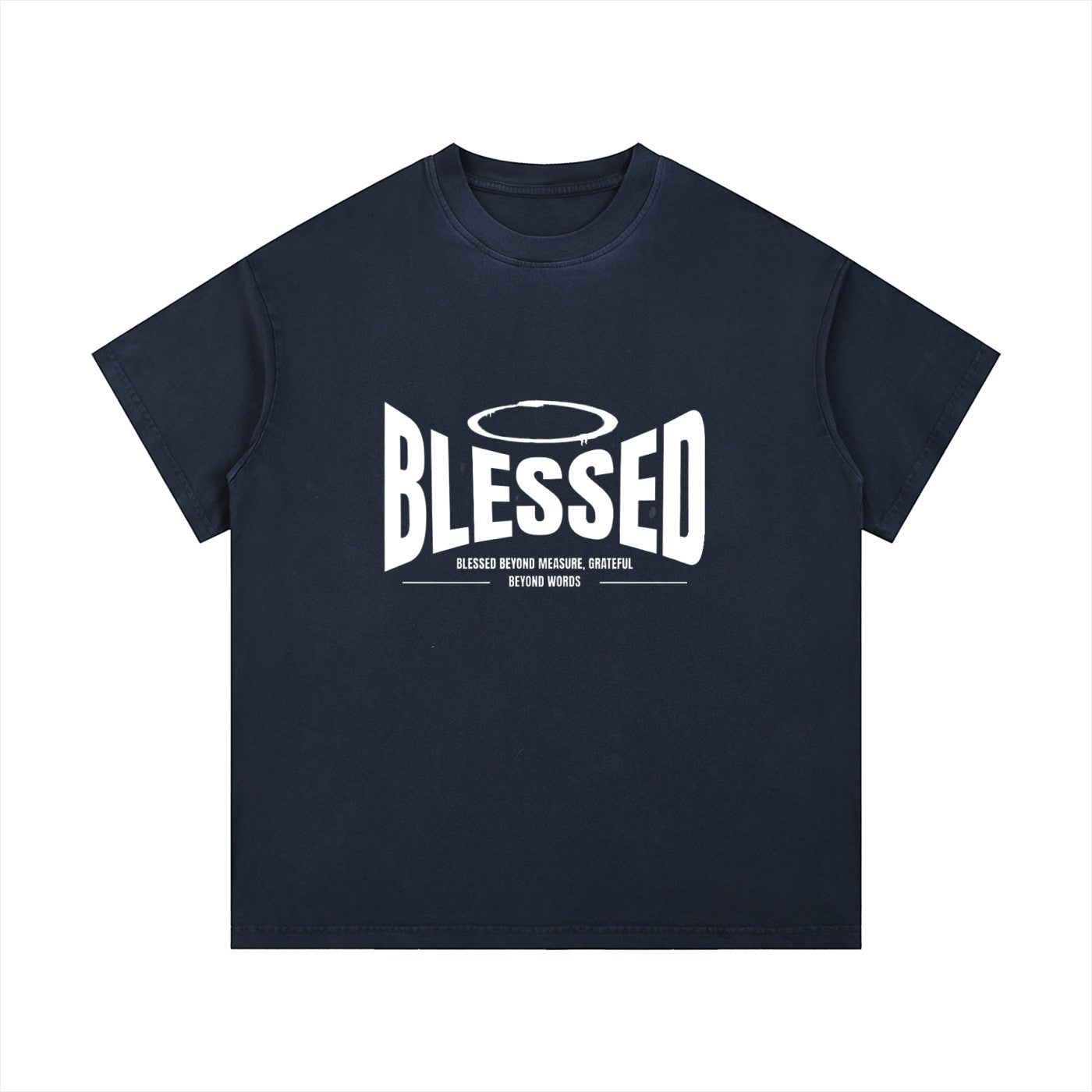 Omina Studio navy blue 100% cotton t-shirt with 'Blessed' graphic print and halo detail.