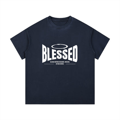 Omina Studio navy blue 100% cotton t-shirt with 'Blessed' graphic print and halo detail.