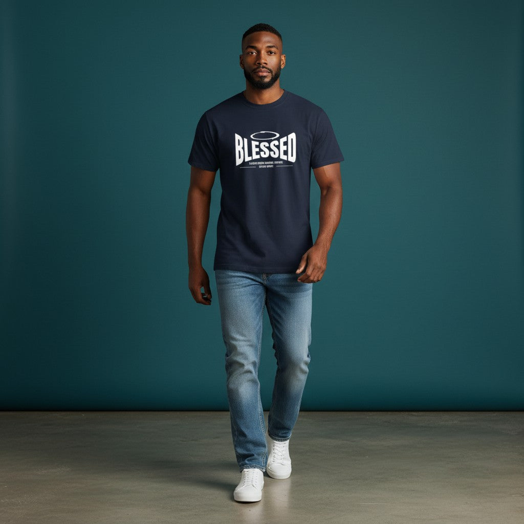 Omina Studio navy blue 100% cotton t-shirt with 'Blessed' graphic print on chest. Unisex, loose fit.