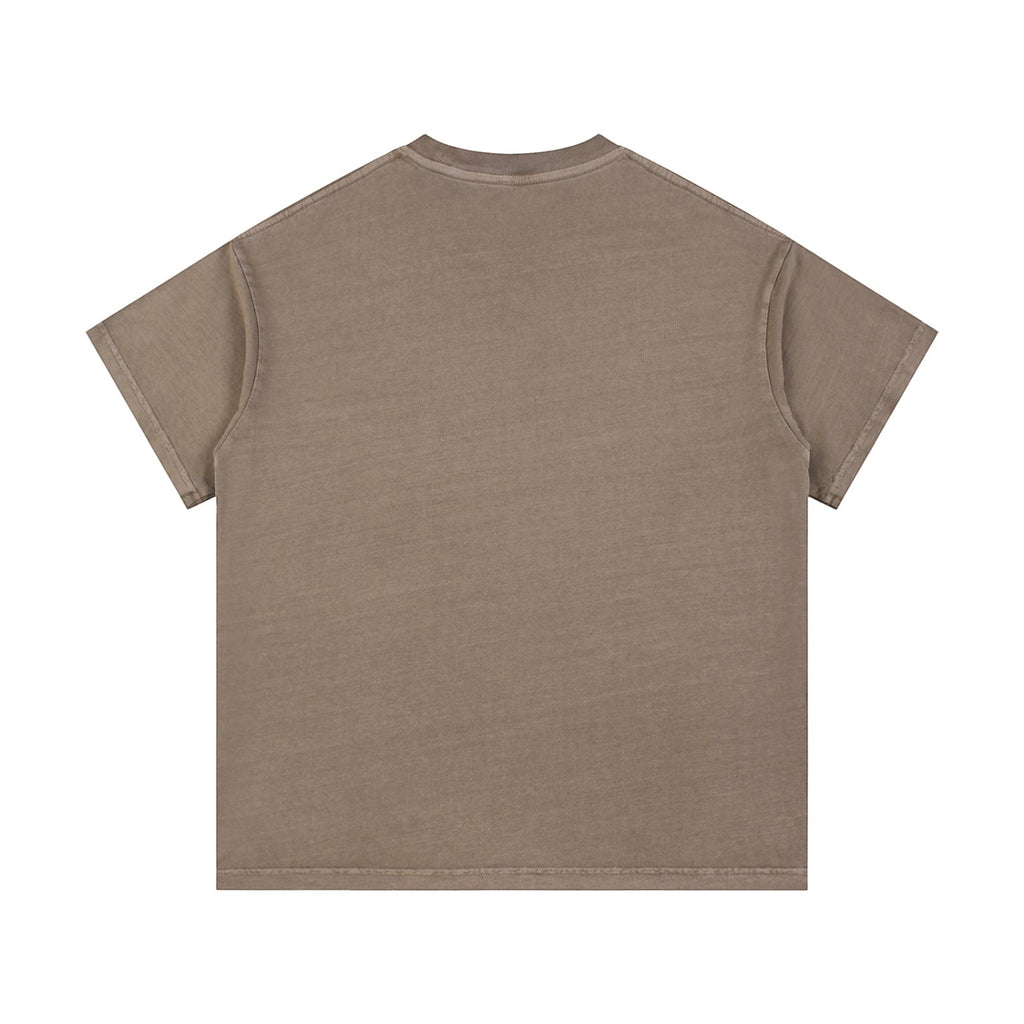 Omina Studio Blessed Vintage Wash Cotton T-Shirt in taupe with short sleeves and round neck.