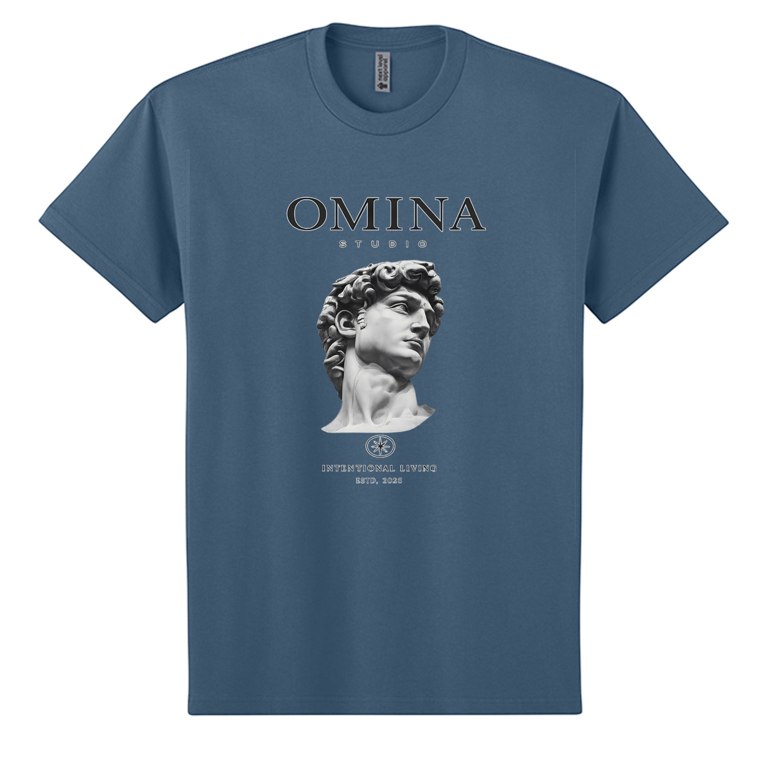 OMINA Studio blue heavyweight cotton t-shirt with oversized fit and graphic print of David's head.