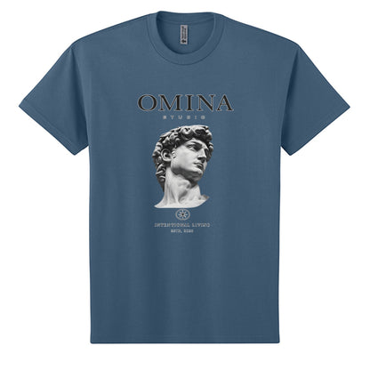 OMINA Studio blue heavyweight cotton t-shirt with oversized fit and graphic print of David's head.