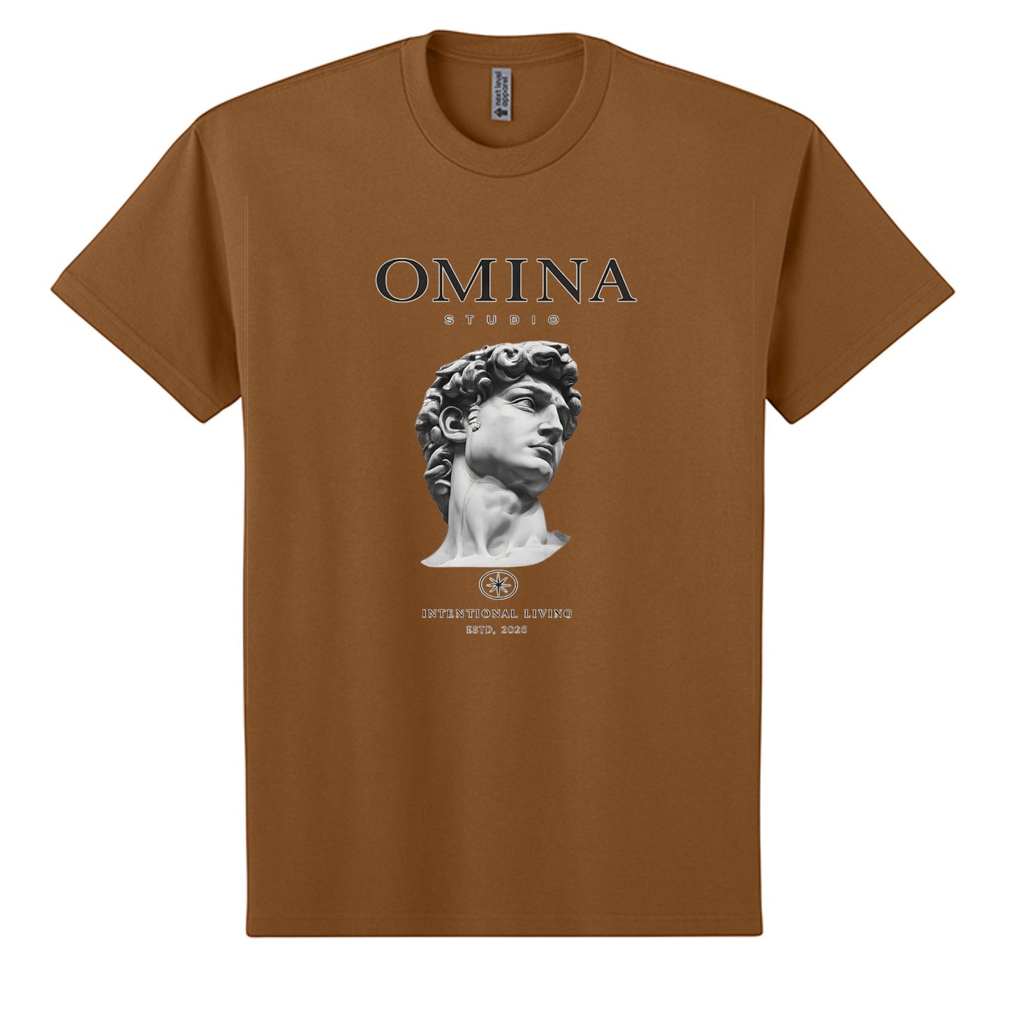 Omina Studio brown heavyweight cotton t-shirt with 'Intentional Living' graphic and David's bust print.