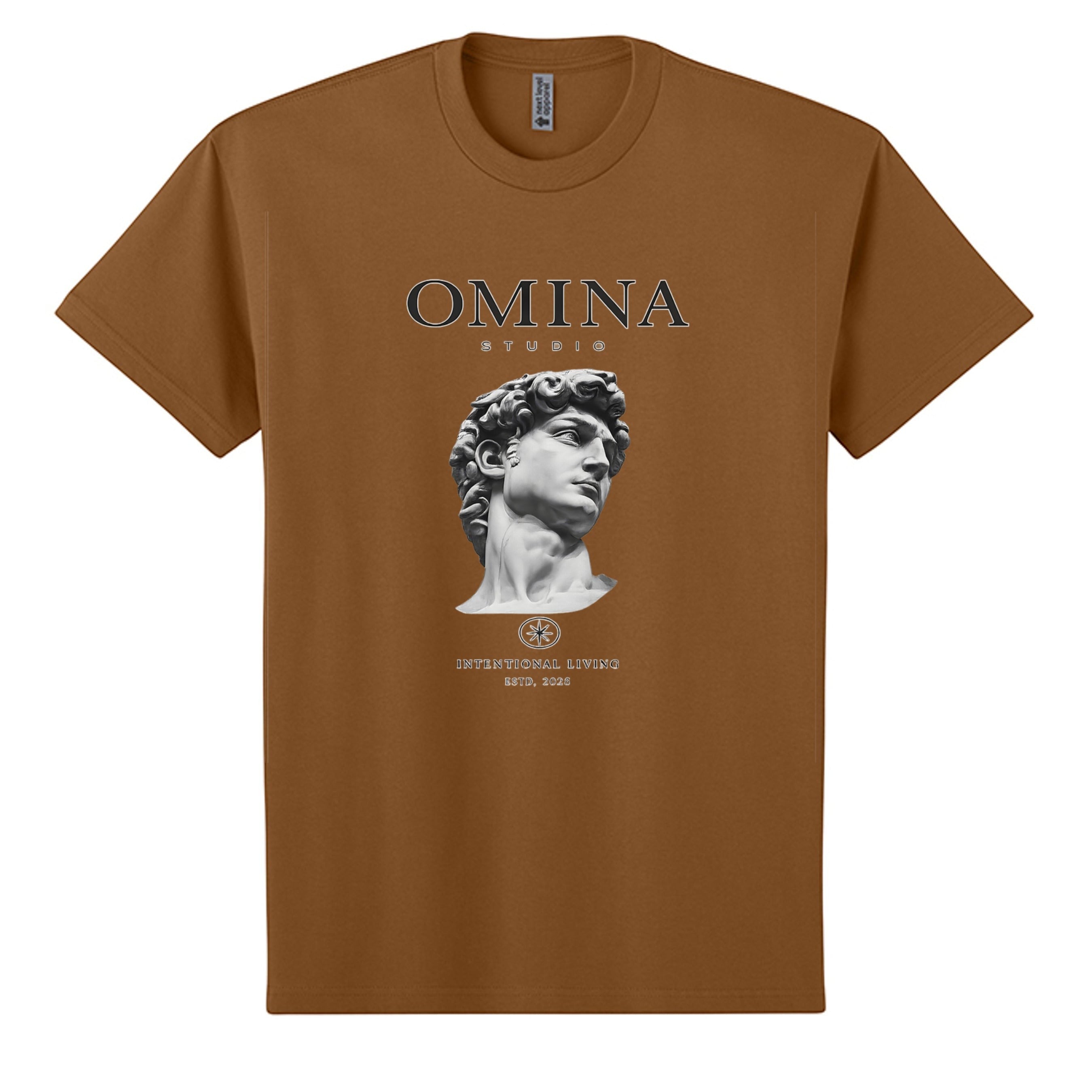 Omina Studio brown heavyweight cotton t-shirt with 'Intentional Living' graphic and David's bust print.