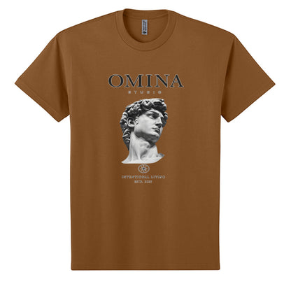 Omina Studio brown heavyweight cotton t-shirt with 'Intentional Living' graphic and David's bust print.