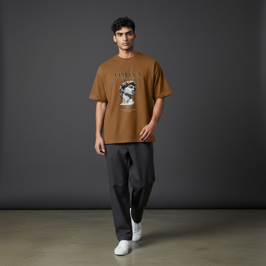 Omina Studio brown heavyweight cotton t-shirt with 'Intentional Living' graphic and David's bust.