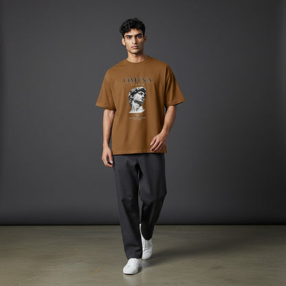 Omina Studio brown heavyweight cotton t-shirt with 'Intentional Living' graphic and David's bust.