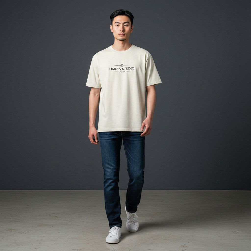 Omina Studio cream short sleeve t-shirt with black Omina Studio MMXXVI logo on chest. Cotton blend fabric.
