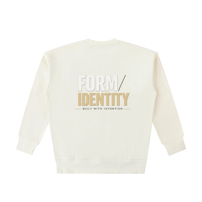 OMINA Studio cream heavyweight cotton sweatshirt with "FORM/IDENTITY BUILT WITH INTENTION" graphic on back.