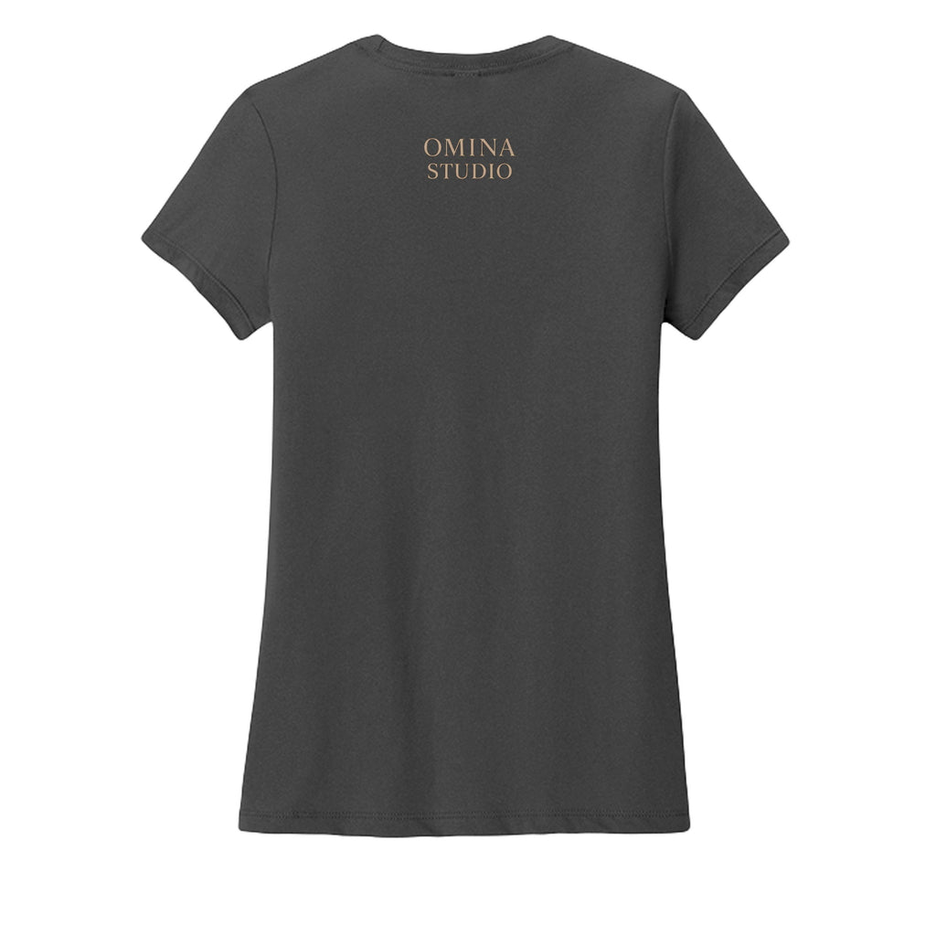 OMINA Studio dark grey premium cotton t-shirt with crew neck and subtle logo on back.