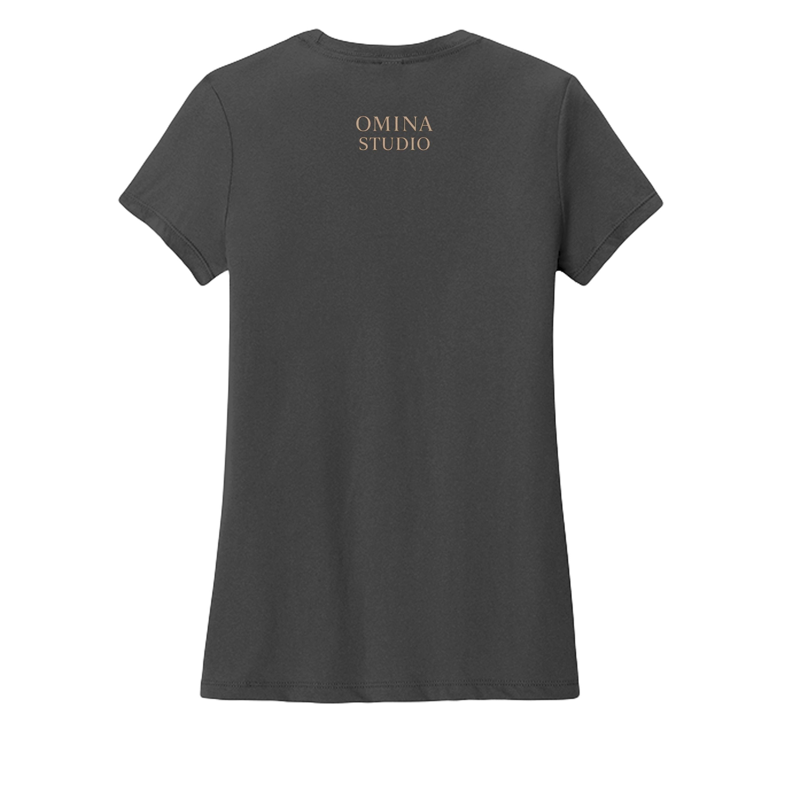 OMINA Studio dark grey premium cotton t-shirt with crew neck and subtle logo on back.