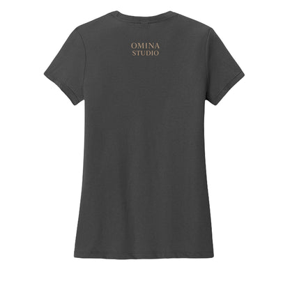 OMINA Studio dark grey premium cotton t-shirt with crew neck and subtle logo on back.