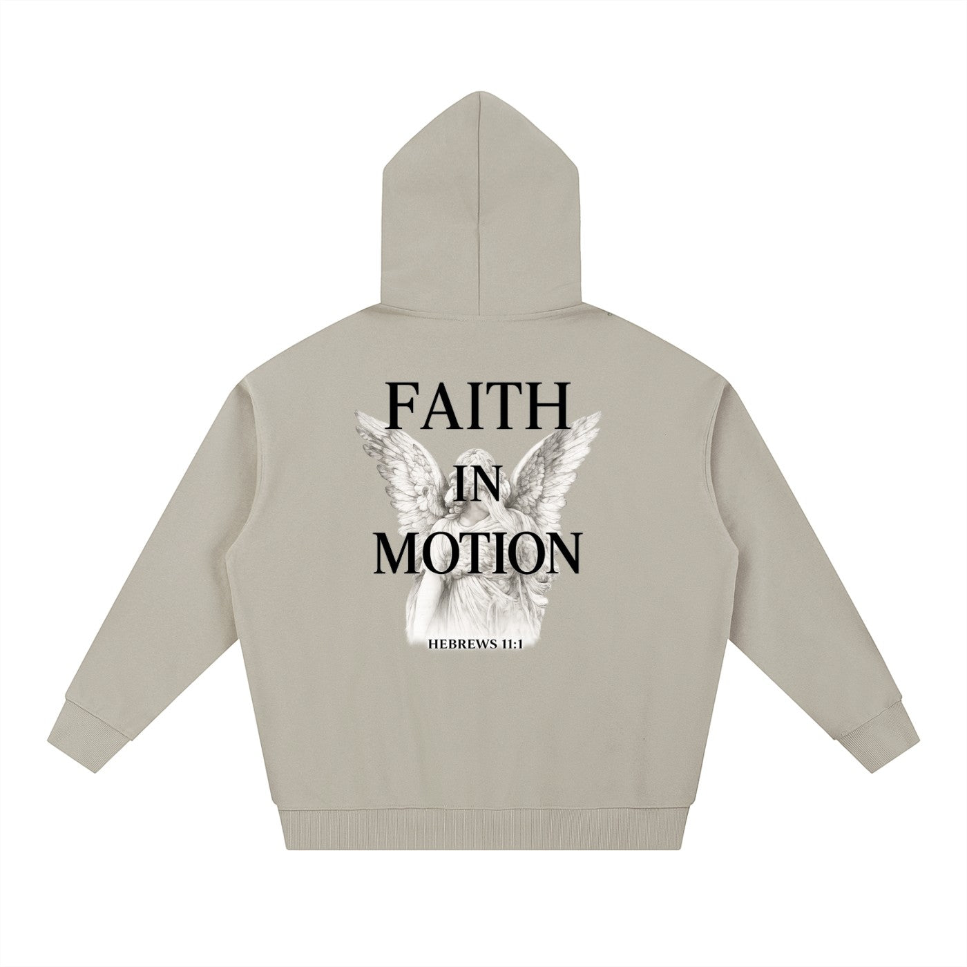 Omina Studio beige heavyweight hoodie with "Faith in Motion" text and angel graphic on back.