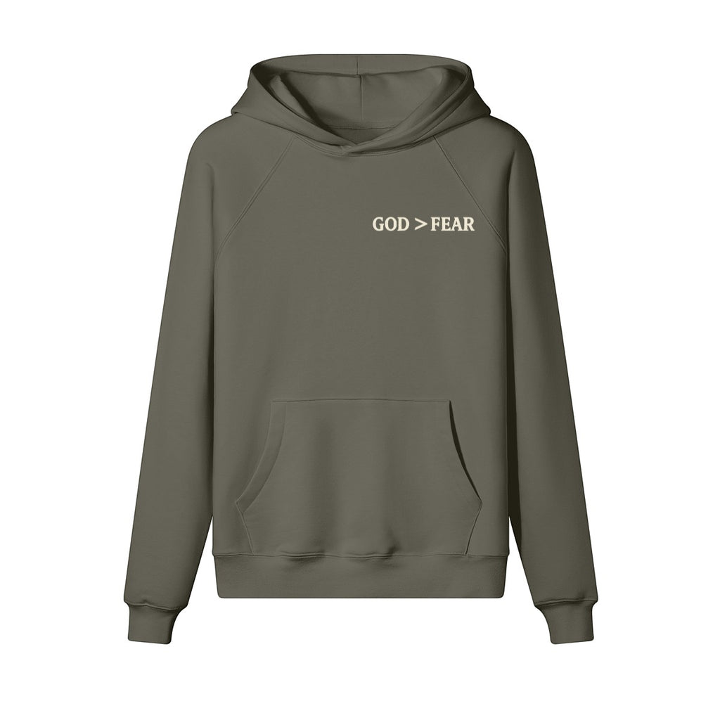 Omina Studio olive green heavyweight cotton pullover hoodie with "GOD > FEAR" graphic and kangaroo pocket.
