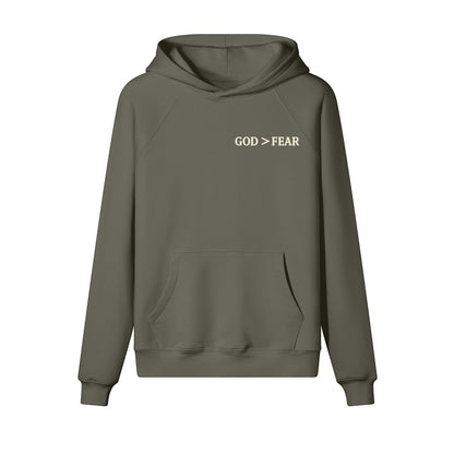Omina Studio olive green heavyweight cotton pullover hoodie with "GOD > FEAR" graphic and kangaroo pocket.