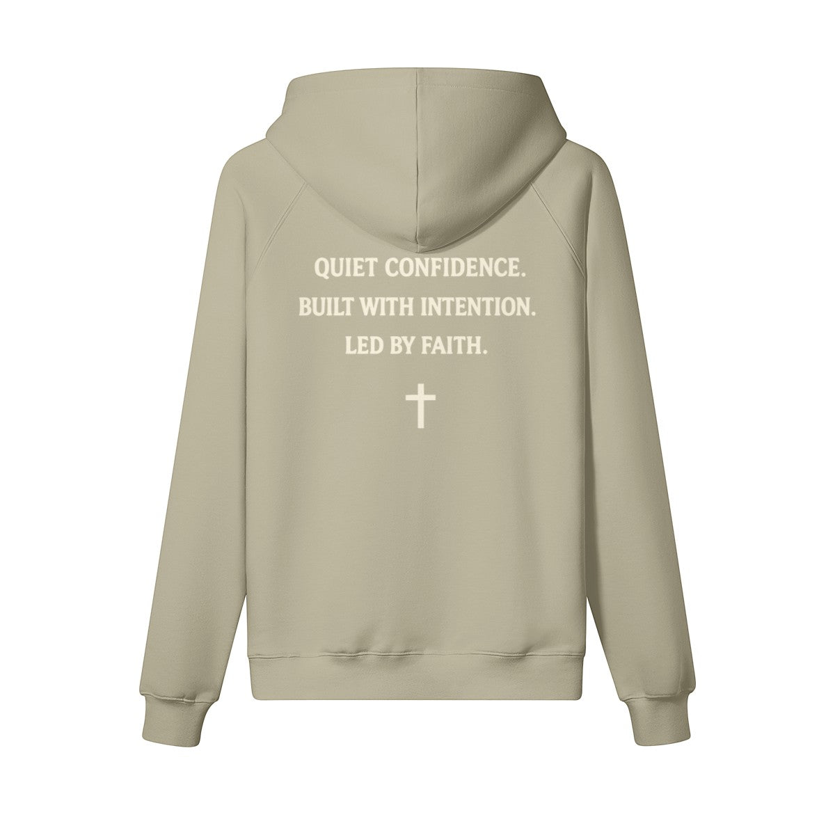 Omina Studio beige cotton pullover hoodie with "Quiet Confidence. Built With Intention. Led By Faith." text and a cross graphic.