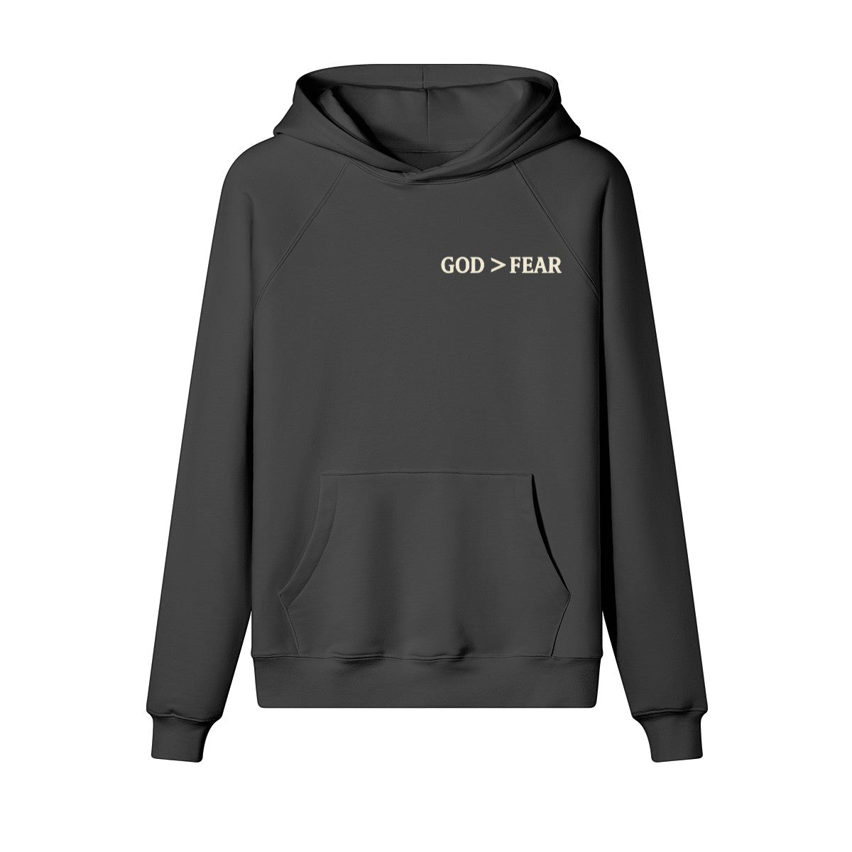 Omina Studio dark grey heavyweight cotton pullover hoodie with "GOD > FEAR" graphic on chest and front pocket.