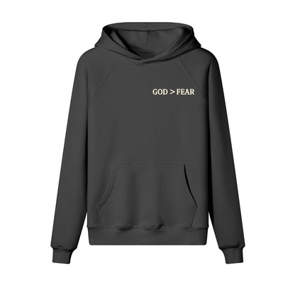 Omina Studio dark grey heavyweight cotton pullover hoodie with "GOD > FEAR" graphic on chest and front pocket.