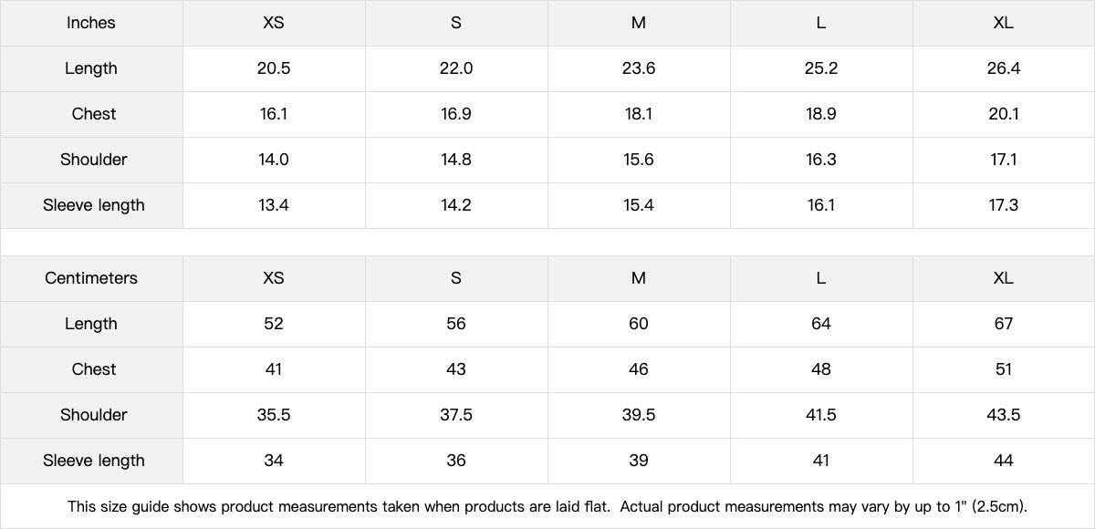 Omina Studio God > Fear Crew Neck size chart with measurements in inches and centimeters for XS, S, M, L, XL.