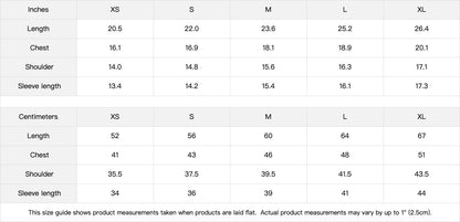 Omina Studio God > Fear Crew Neck size chart with measurements in inches and centimeters for XS, S, M, L, XL.