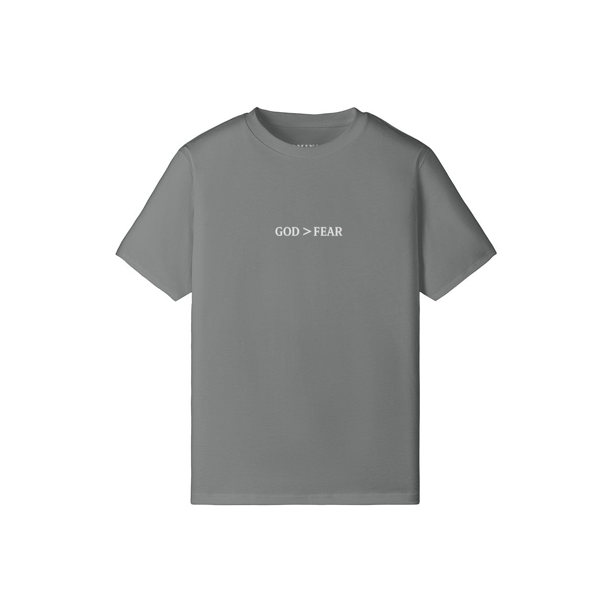 Omina Studio grey 100% cotton crew neck t-shirt with "GOD > FEAR" graphic. Slim fit, cropped silhouette.