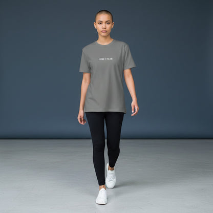 Omina Studio grey 100% cotton crew neck t-shirt with "GOD > FEAR" graphic. Slim fit, cropped silhouette.