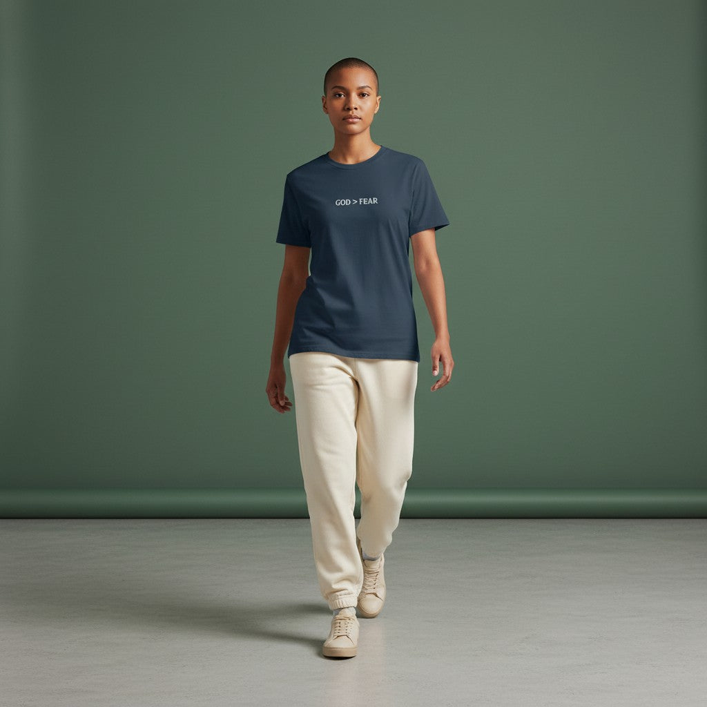Omina Studio navy blue 100% cotton crew neck t-shirt with "GOD > FEAR" graphic. Slim fit, cropped silhouette.